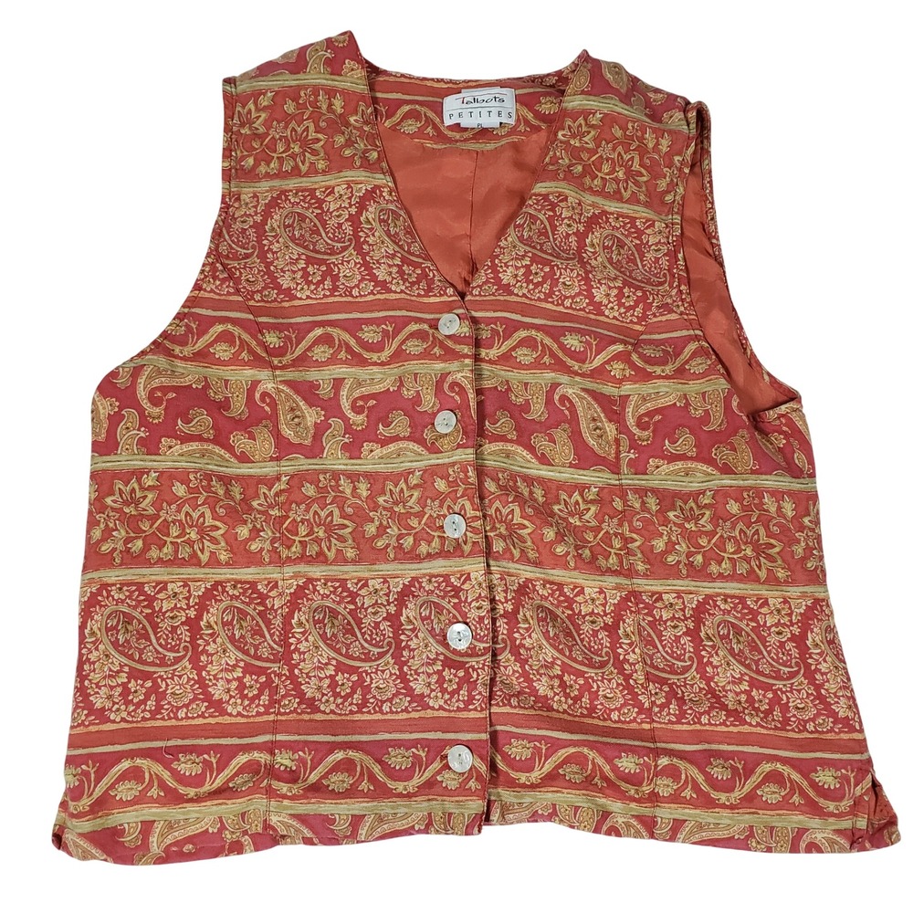Talbots Petites Red Gold Paisley Floral Button Front Vest Rayon Size PL Vintage